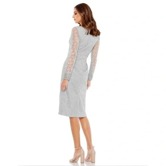 Mac Duggal Platinum Lace V-Neck Jeweled Midi Cocktail Dress Tea Length Size 12 - Picture 2 of 7